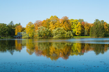 reflection of autumn forest in blue lake in the park 