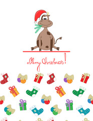 Postcard for a child with a bull and Christmas attributes.