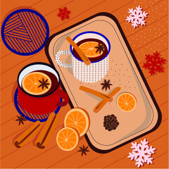 Mulled wine. New Year's decor. Card. Vector illustration