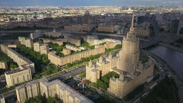 sunny day moscow famous old building hotel ruver aerial flight over panorama 4k russia
