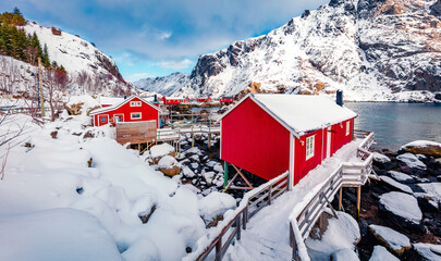 Exciting morning cityscape of Nusfjord town, Norway, Europe. Perfect winter scene of Lofoten Island archipelago. Spectacular seascape of Norwegian sea. Traveling concept background.