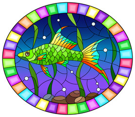Illustration in stained glass style of a bright green fish on a background of algae and water, oval image in a bright frame