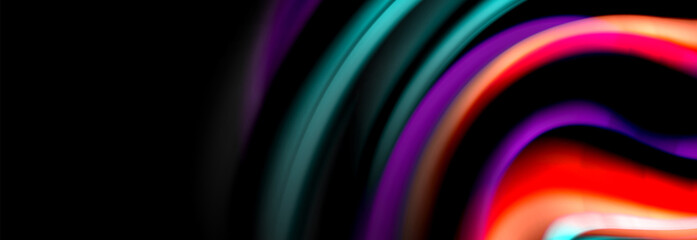 Dynamic motion abstract background. Color blurred stripes on black. Wave liquid lines poster. Vector illustration
