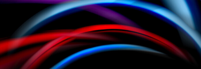 Naklejka premium Dynamic motion abstract background. Color blurred stripes on black. Wave liquid lines poster. Vector illustration