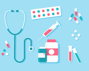 First aid kit illustration included with Medical supplies, medical equipment concepts. Flat design. First aid kit with medical cross, stethoscope, syringe, medicine, pills