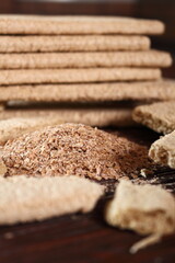Rye Crispbread and wheat bran. Macro.