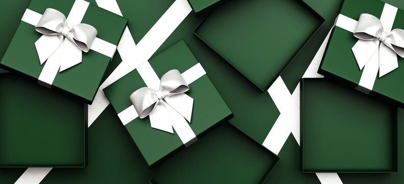 Minimal copy space for Christmas, New year and holiday season. Open green gift box with white ribbon bow on green background. 3d render illustration. Clipping path of each element included.