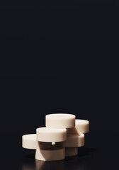 Minimal abstract mockup background for product presentation. Tan geometric podium on black background. 3d rendering illustration. Clipping path of each element included.