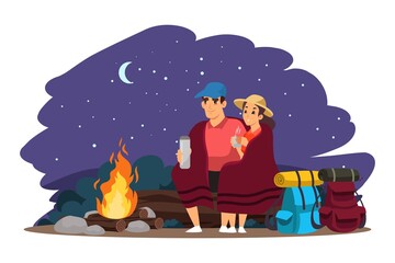 People traveling on adventure, sitting by campfire at night. Couple trekking in forest, sitting, resting together by bonfire. Tourist outdoor romantic scene vector illustration