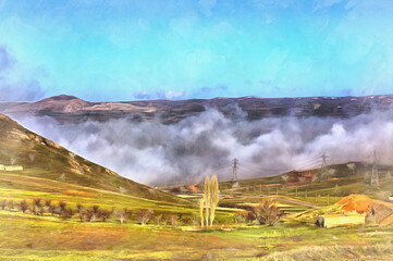 Mountain landscape colorful painting, West Azerbaijan, Iran.