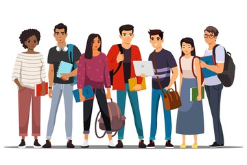 Fototapeta premium College or university students group. Young happy people standing isolated on white background. Higher academic education vector illustration. Diverse multicultural meeting