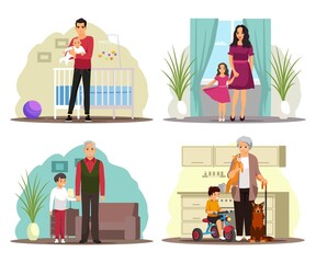 Happy family at home set. Father with baby, mother with daughter, grandfather with child, grandmother with grandson and dog. Parenthood vector illustration. People indoor together