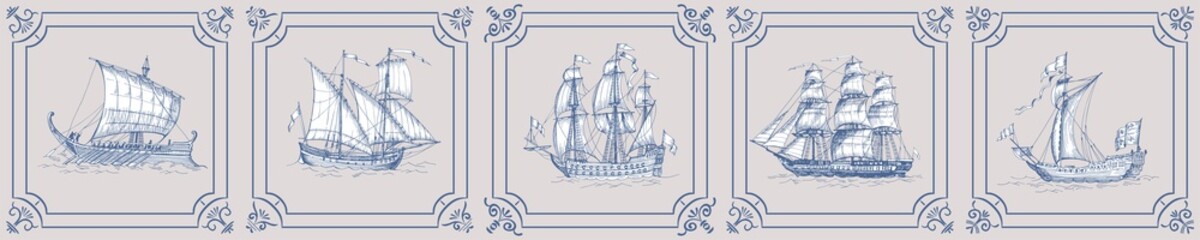 Old caravel. Ship on the Blue Dutch tile. Imitation. Frigate, vintage sailboat, Sailing vessel , glazed porcelain ceramic.