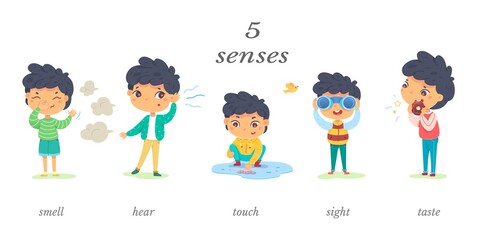 Boy showing five senses set. Sense of sight, touch, hear, smell, taste vector illustration. Small happy child in nature and exploring wonders of spring. Joyful education at childhood