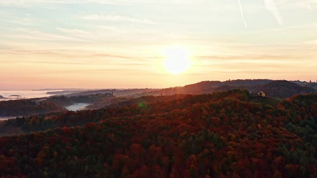 Cinematic aerial of colorful autumn hills in south styria over Wine road from Eckberg wine route. Sunset above vineyards travel spot