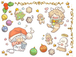 ジンジャークッキーマンとミルク牛のクリスマス素材セット