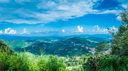 Obraz premium Doi Mae Salong Mum from the viewpoint is a place where many hill tribe people live and work in tea plantation in Chiang Rai, Thailand.