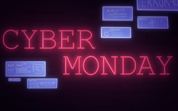 Cyber Monday banner  digital illustration. Trendy Cyberpunk style billboard. Seasonal sales in the store. Texture brick wall with signs of goods and neon text on a black background.