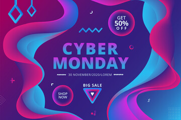 Cyber Monday sale offer text banner design with creative 3d flow shapes on colorful blue background. online shopping and marketing advertisement concept, vector gradient trendy illustration.