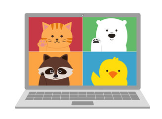 Online meeting of animals on laptop. They wave their hand. Vector illustration isolated on white background.