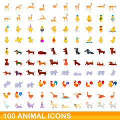 100 animal icons set. Cartoon illustration of 100 animal icons vector set isolated on white background