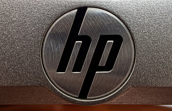 Bologna / Italy - November 10, 2020: Black HP logo on aluminium background. Illustrative editorial photo