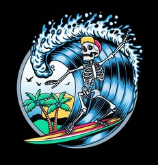 Surfing T-shirt Vector Designs. Vector Logo Illustration with Skeleton Surfer. Vintage Surfing Emblem for web design or print. Surfer logo templates. Surf Badge. Surfboard elements. - 392178745