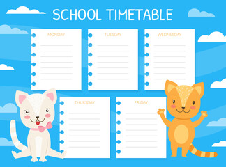 School Timetable Template, Kids Schedule with Funny Pet Animals, Weekly Planner Cartoon Vector Illustration