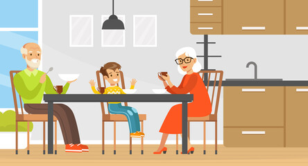 Grandma, Grandpa and Grandson Eating, Drinking Tea and Talking to Each Other, Family Sitting at Dining Table Cartoon Vector Illustration