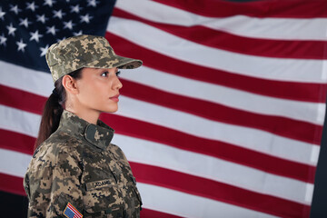 Female American soldier with flag of USA on background, space for text. Military service