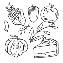 Food autumn set elements. Black color. Hand drawn line art.