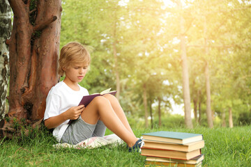Cute little boy reading book on green grass near tree in park