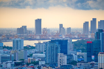 Fototapeta na wymiar Aerial view Bangkok city with blue sky.