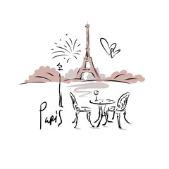 Hand-drawn sketch. Two chairs and wineglass on the table, silhouette of Eiffel Tower on skyline. Lettering Paris. Romantic scene. European city landscape. Vacation postcard. Stock vector illustration