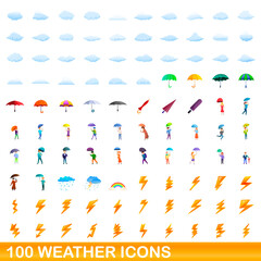 100 weather icons set. Cartoon illustration of 100 weather icons vector set isolated on white background