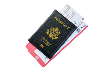 Obraz premium Passport and tickets isolated on white, top view. Travel agency concept