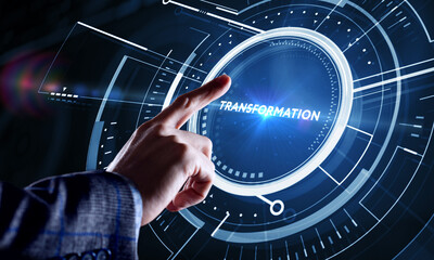 Business, Technology, Internet and network concept. Businessman presses button transformation on virtual screens.