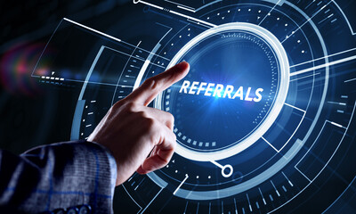 Businessman presses button referrals on virtual screens. Business, Technology, Internet and network...