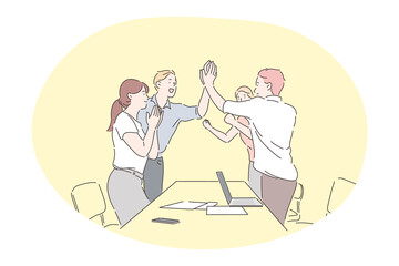 Agreement, teamwork, deal, business, successful negotiations concept. Young business people office workers partners standing and giving hands after successful negotiations or brainstorming in office 