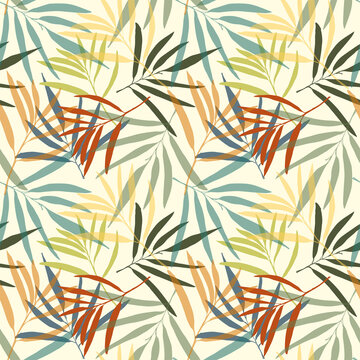 Seamless pattern. Flower print in pastel color. Delicate orange, green, red and yellow leaves of palm trees on a light beige background illustration.