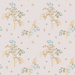 Elegant golden garden trees in leaves, flowers and butterflies on a light beige, cream background. Seamless floral pattern. Square repeating design for fabric and wallpaper.