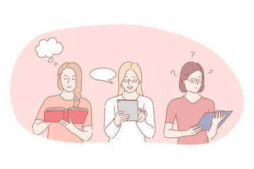 Reading for education, studying, business concept. Young women cartoon characters reading book, tablet online and official document to learn information for work or relax vector illustration 