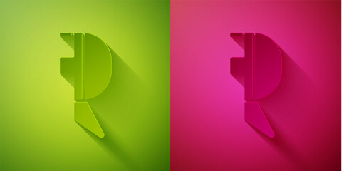 Paper cut Fencing helmet mask icon isolated on green and pink background. Traditional sport defense. Paper art style. Vector Illustration.