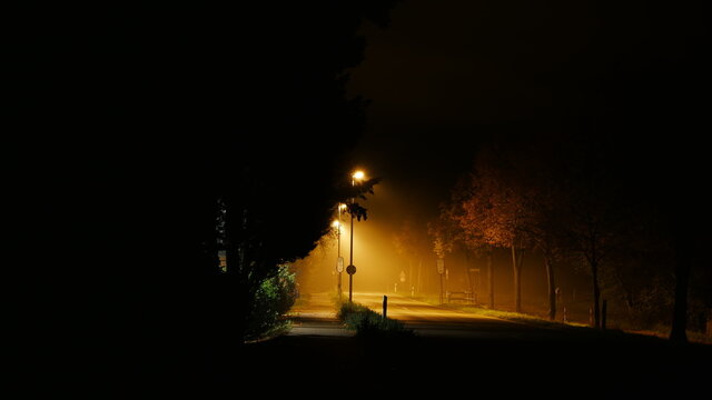Einsame Landstra&szlig;e in der Nacht im dichten Nebel mit Strassenlaternen, die ein fahles Licht erzeugen und ein Gef&uuml;hl von Dystopie, Grusel, Einsamkeit einer Pandemie wie Corona