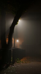 In einer engen Gasse verdeckt ein Baum eine helle Straßenlaterne, sodass der Nebel sichtbar wird...