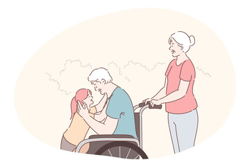 Disabled people on wheelchair living happy active lifestyle concept. Smiling disabled elderly man grandfather cartoon character in wheelchair embracing his granddaughter with loving wife behind 