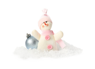 Cute snowman and Christmas decoration on white background