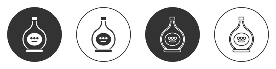 Black Bottle of cognac or brandy icon isolated on white background. Circle button. Vector Illustration.