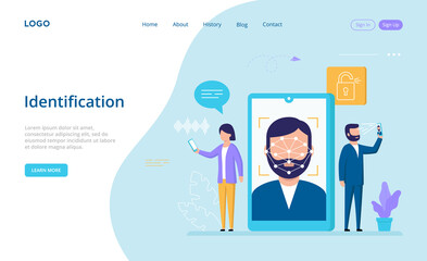 Vector Illustration In Cartoon Flat Style With Writings. Male And Female Characters Stand Near Big Smartphone Using Face, Fingerprint Or Voice Identification To Unlock It. Modern Verification Concept