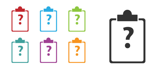 Black Clipboard with question marks icon isolated on white background. Survey, quiz, investigation, customer support questions concepts. Set icons colorful. Vector Illustration.
